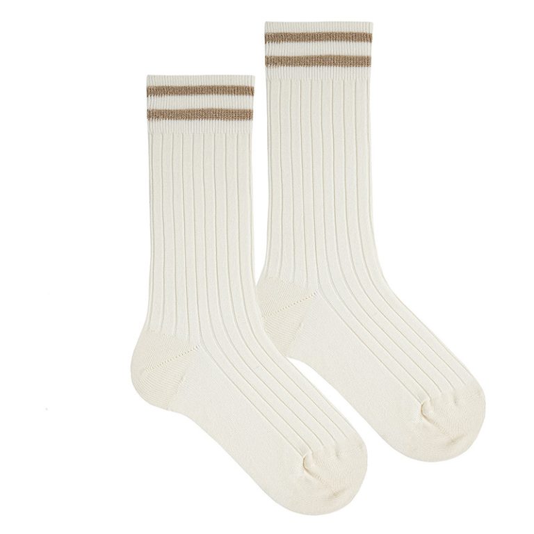 Calcetines altos canalé, dos listas hilo brillante Cava - Imagen 1