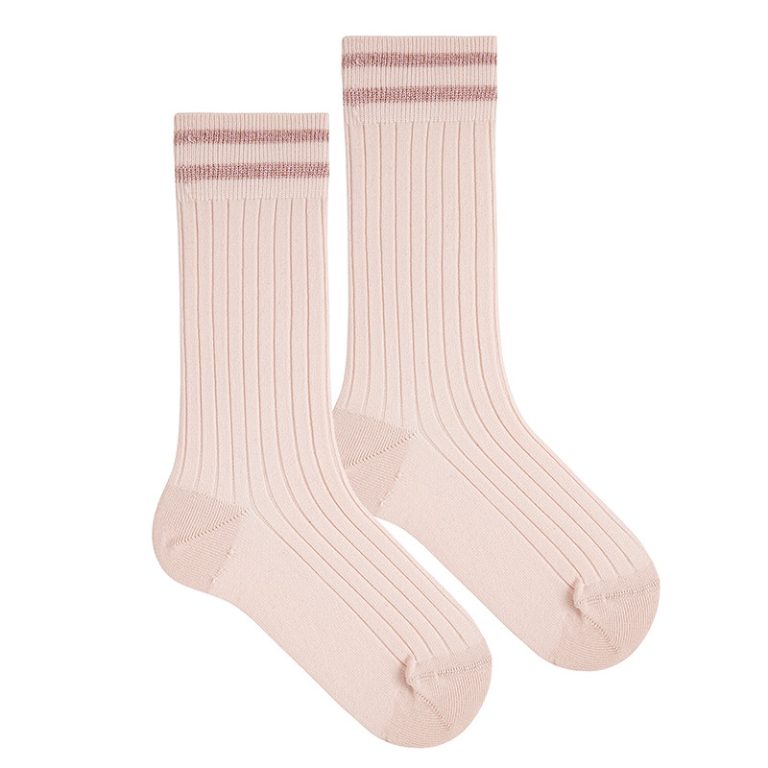 Calcetines altos canalé, dos listas hilo brillante Nude - Imagen 1