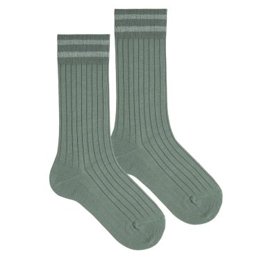 Calcetines altos canalé, dos listas hilo brillante Liquen