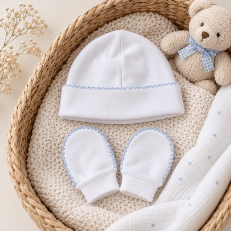 Pack Natal Gorro y Manopla Puntilla Celeste - Imagen 1